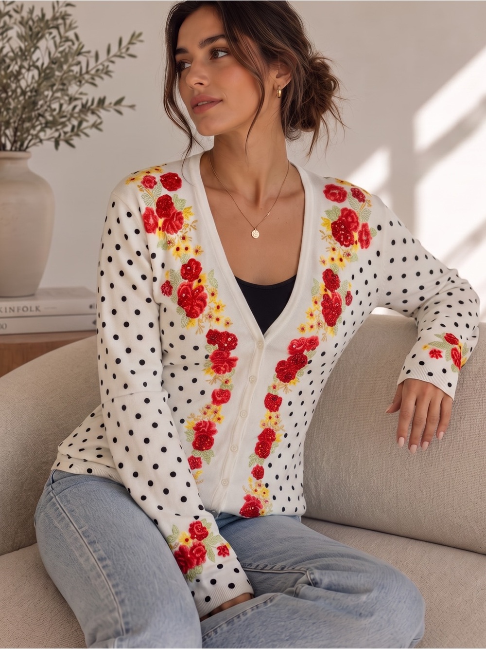 VINTAGE CARLISLE Beaded Floral & Polka Dot Cardigan